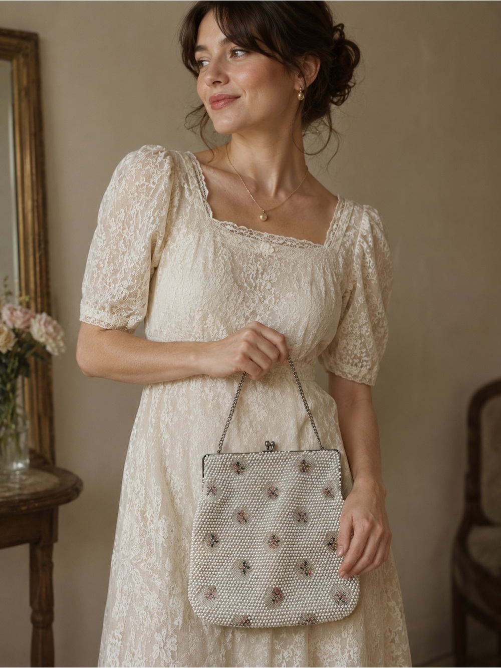 Vintage | Elegant Cream Beaded Evening Bag with Floral Accents